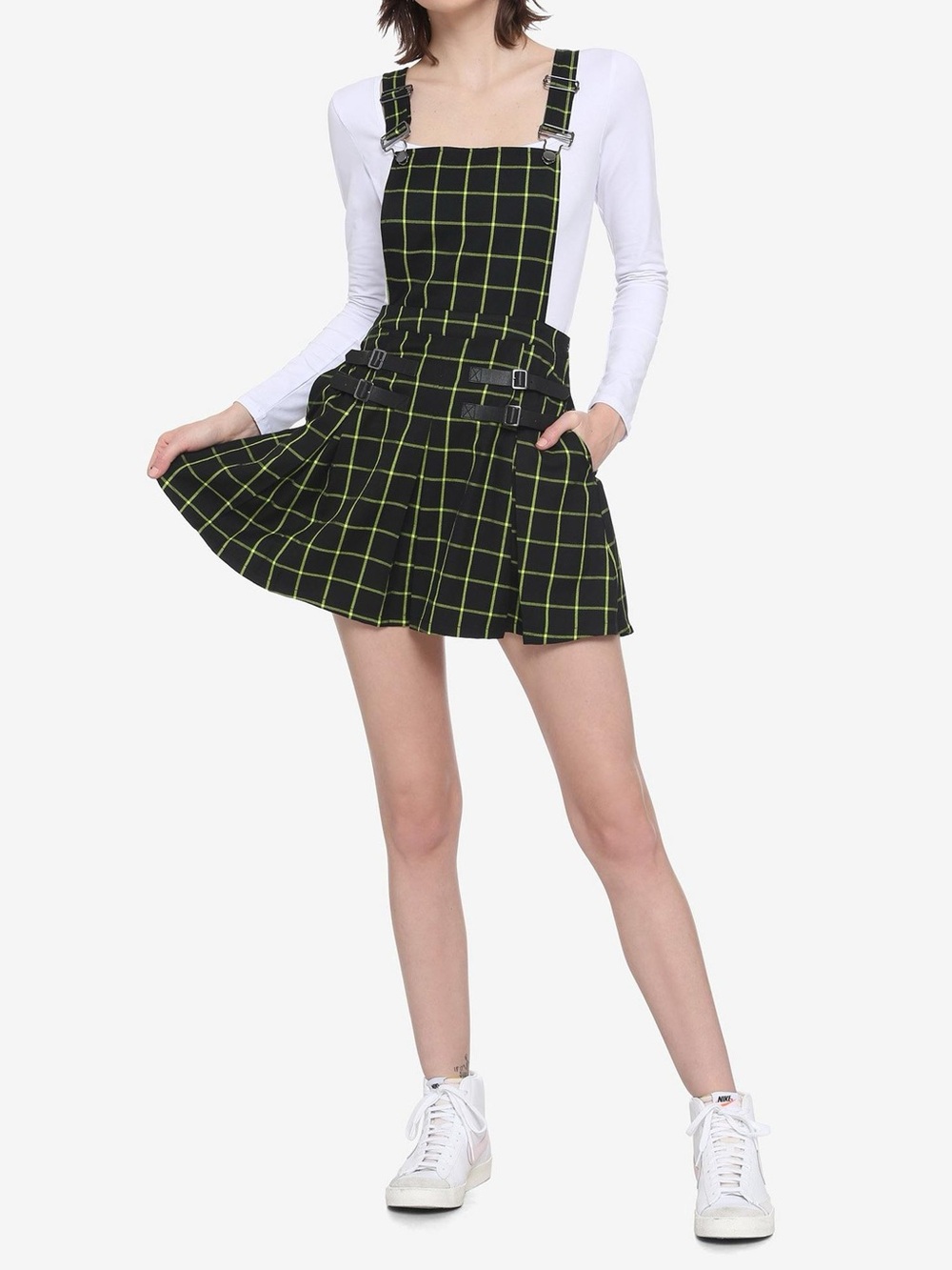 Hot Topic Black & Neon Green Plaid Pinafore Dress